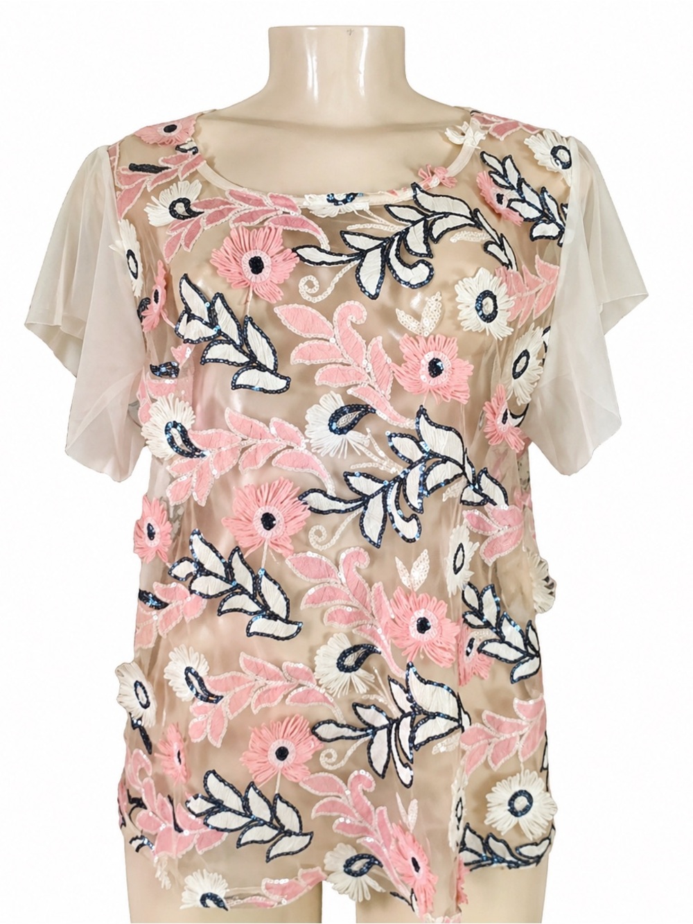 Vince Camuto women’s mesh 3D sheer floral flutter sleeve sequin Sz M